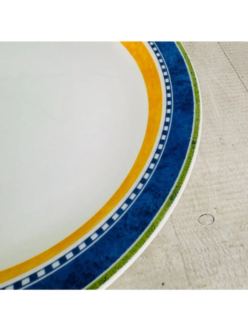 Dansk Bistro KOBENHAVN Blue Yellow Band Smooth Green Trim Dinner Plates Set of 4